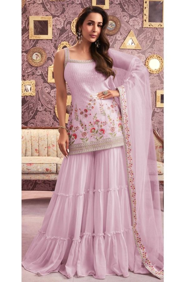 Malaika Arora Lilac Pink Embroidered Faux Georgette Sarara Kameez Designer Sharara Suits, Gharara Suits, Lehenga Bridesmaid, Diwali Dresses, Western Wedding Dresses, Suits Online Shopping, Bridesmaid Saree, Sharara Suits, Embroidered Suit