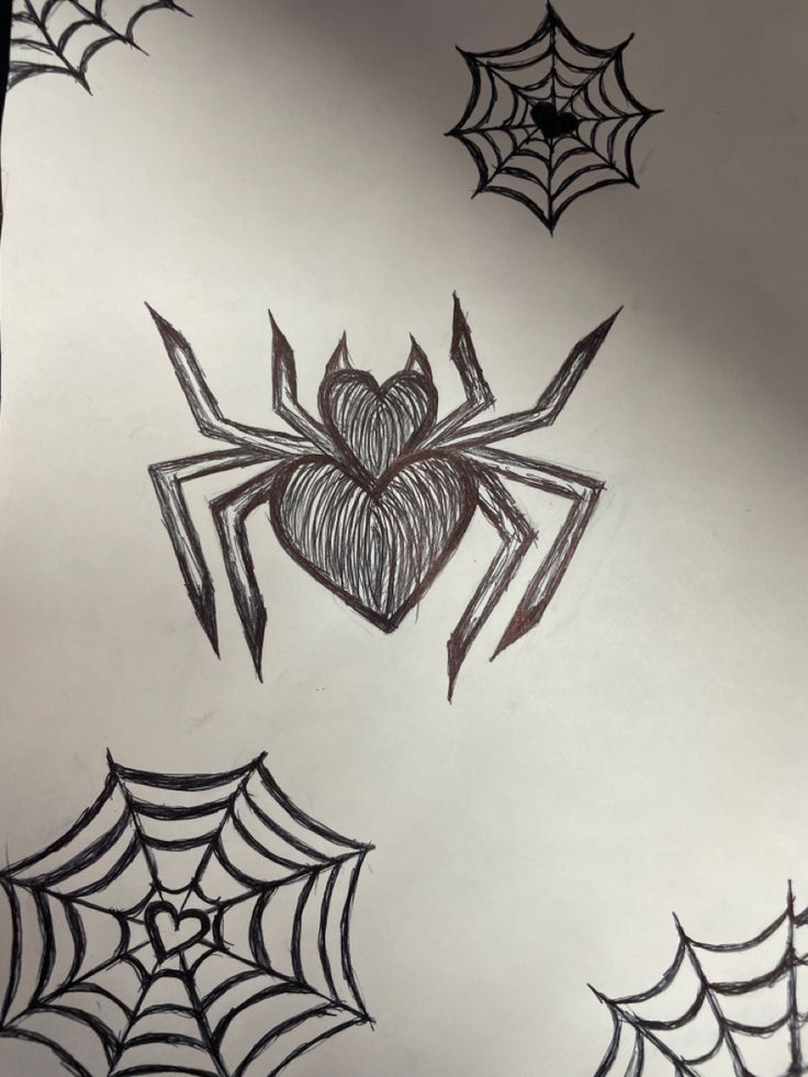 some spider webs and hearts drawn on paper