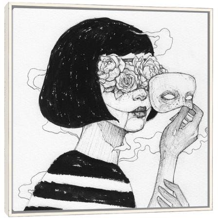 a drawing of a woman holding a skull with roses on her head and wearing a striped shirt