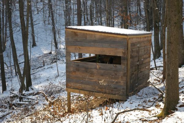 a wooden outhouse in the woods with snow on the ground and trees around it