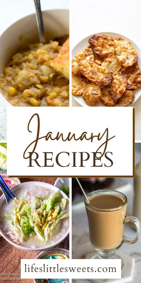 some food and drinks are shown with the words january recipes on it in front of them