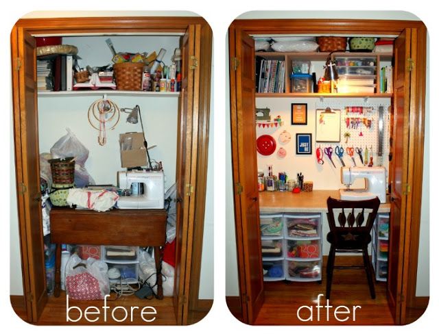 before and after photos of an office closet with crafting supplies on the bottom shelf