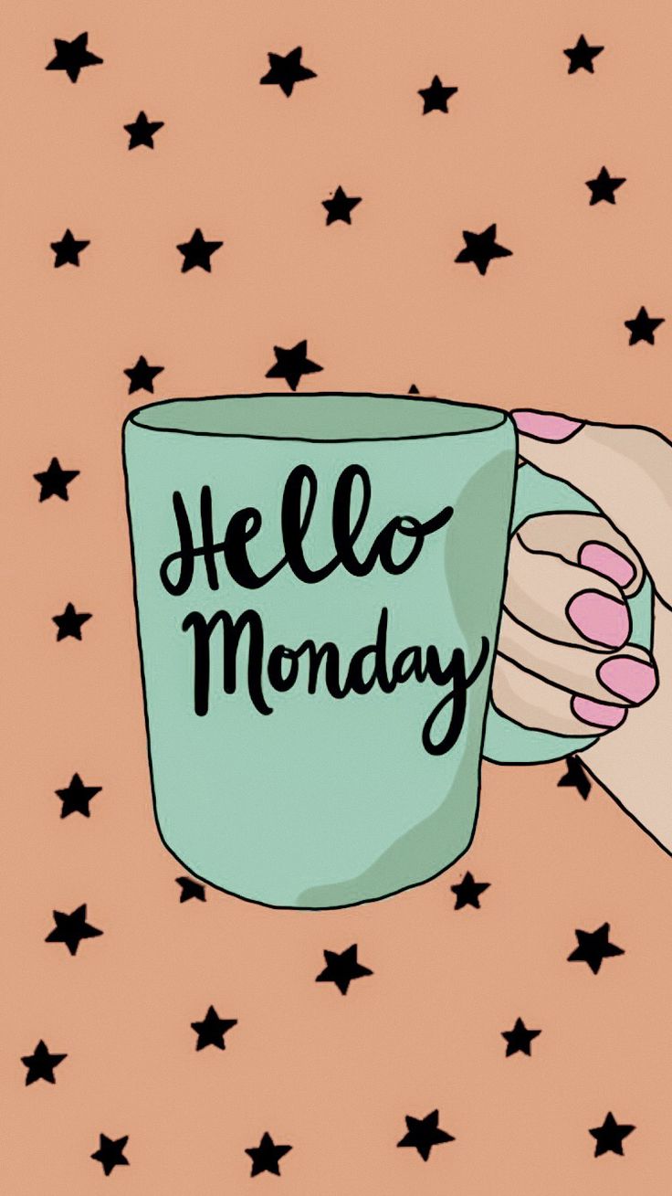 a hand holding a coffee cup with the words hello monday written on it and stars in the background