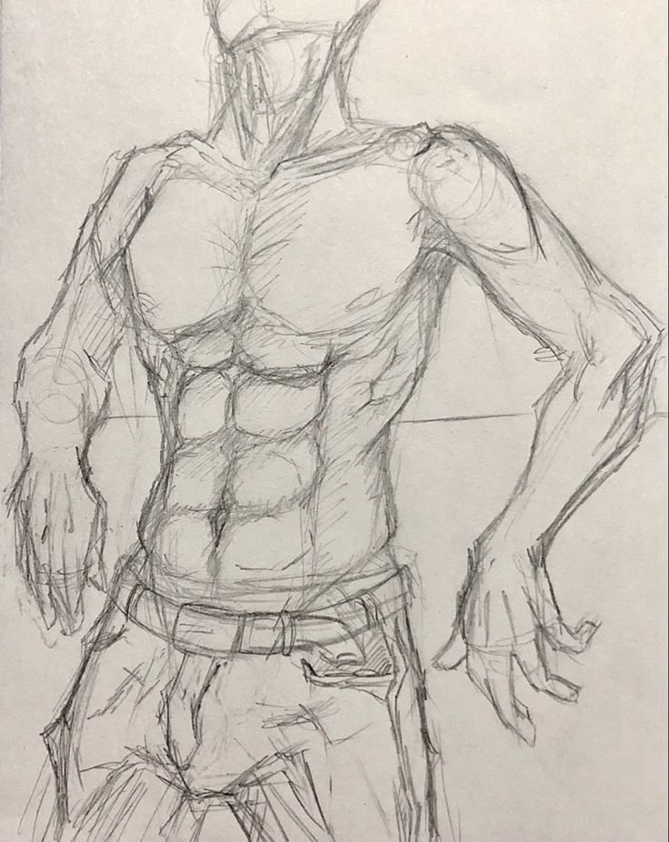 a pencil drawing of a man's torso and arms with his hands on his hips