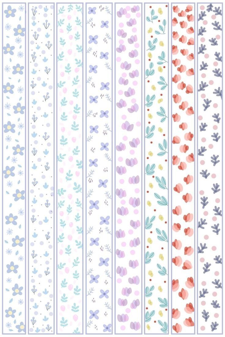 four rows of different colored flowers and leaves on white paper with blue trimmings