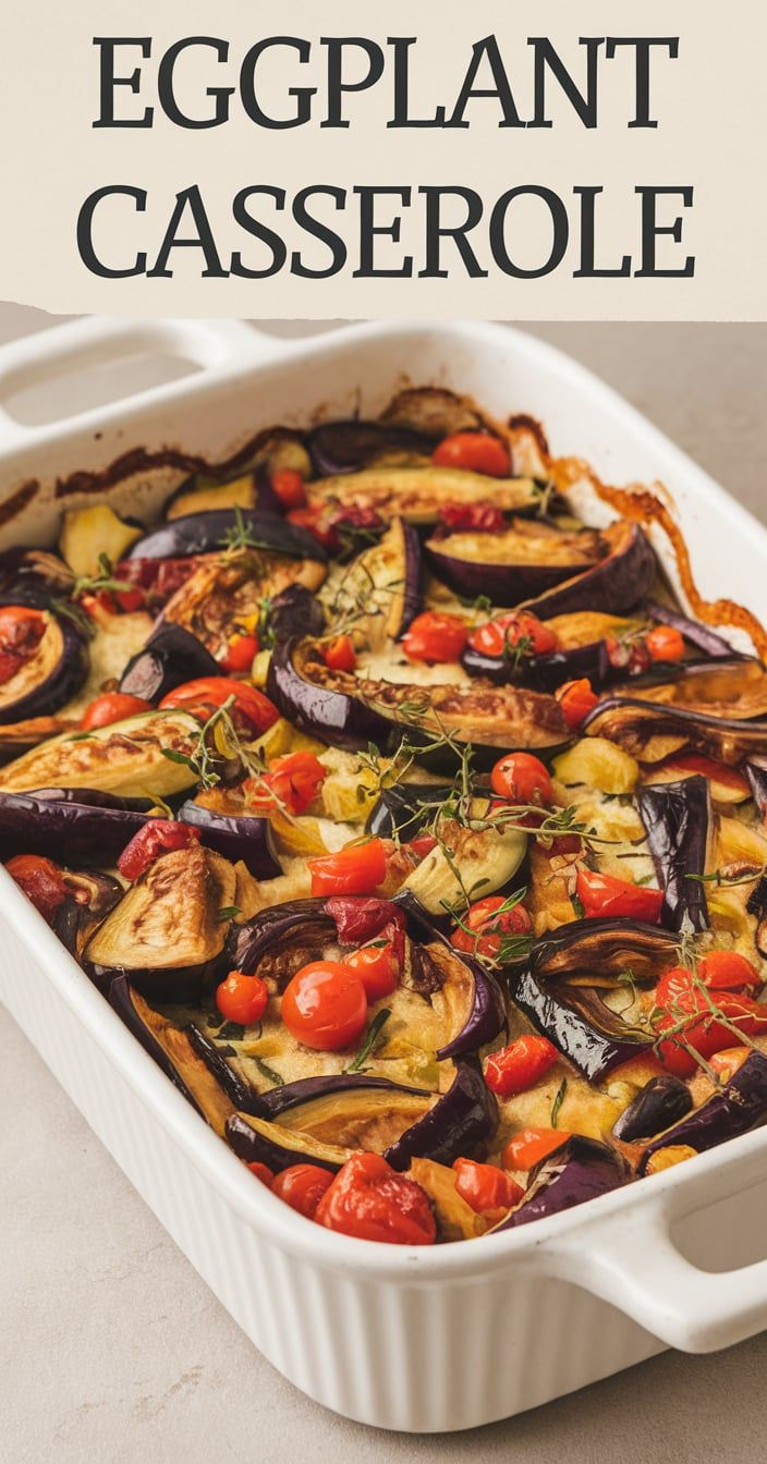 an eggplant casserole in a white dish with tomatoes and other vegetables