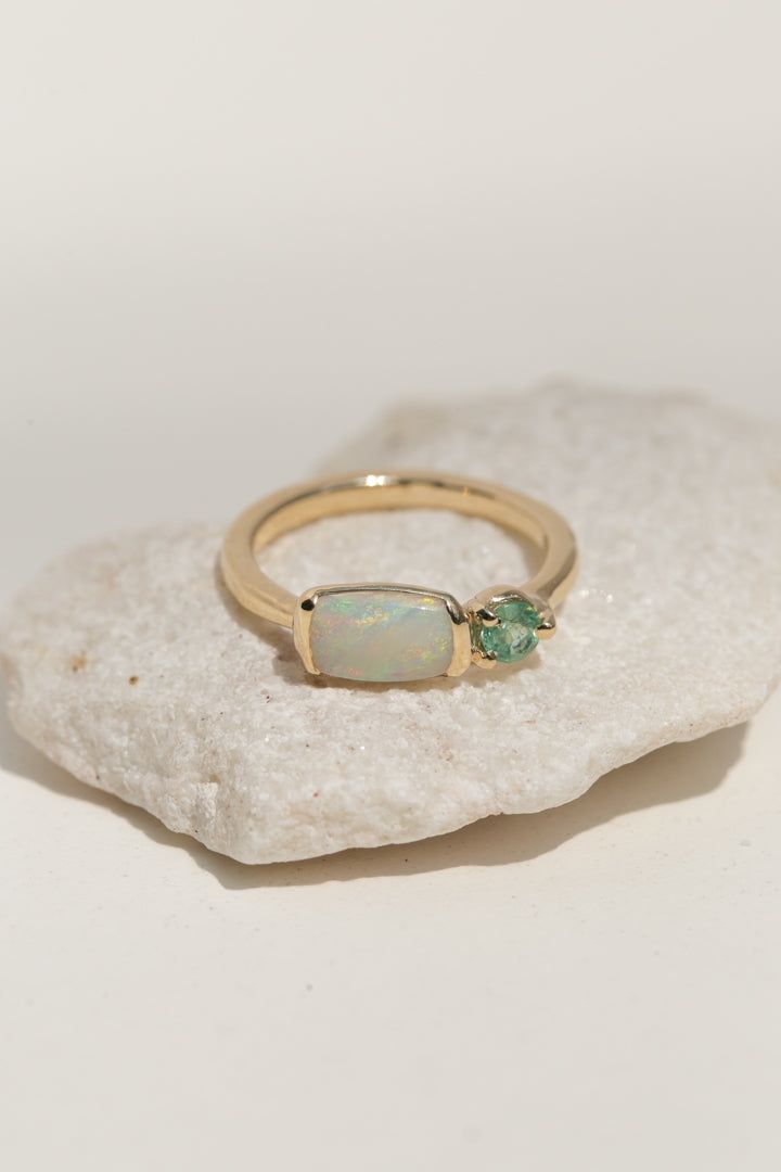 Ionia Ring Opal Bezel Ring, Opal And Peridot Ring, Opal And Emerald Engagement Ring, Emerald And Opal Ring, Everyday Emerald Ring, Opal And Emerald Ring, Pretty Jewellery Rings, Gold Rings With Stone, Rough Opal Ring