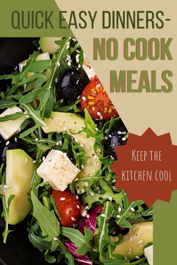 the cover of quick easy dinners no cook meals, with an image of a salad