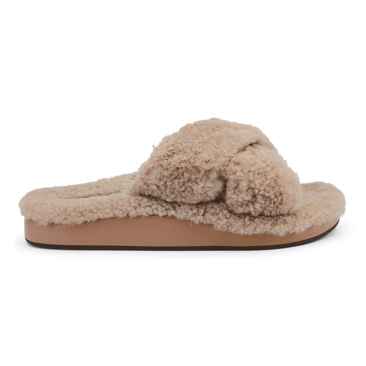 Hila Heu Women’s Slide Slipper Sandals - Tan | OluKai Womens Slides Sandals, Shearling Slippers, Leather Passport Holder, Comfortable Slippers, Promotional Products Marketing, Fuzzy Slippers, Slippers Cozy, Womens Slides, Comfortable Sneakers