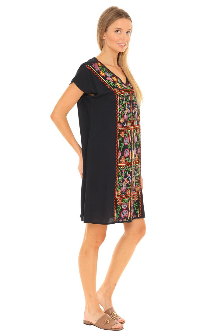 Be ready for warm weather with this chic dress that features a floral pattern and breezy short-sleeve design. Size S: 35'' long from high point of shoulder to hem 100% rayon Machine wash Embroidered Short Sleeve Dresses For Summer, Black V-neck Short Sleeve Summer Dress, Black V-neck Short Sleeve Dress For Summer, Summer Floral Printed Knee-length Embroidered Dress, Casual V-neck Dress With Embroidered Neckline, V-neck Short Sleeve Summer Dress For Vacation, Casual Cap Sleeve Dresses For Summer, Blue Floral Print Embroidered Summer Dress, Summer Blue Embroidered Floral Print Dress