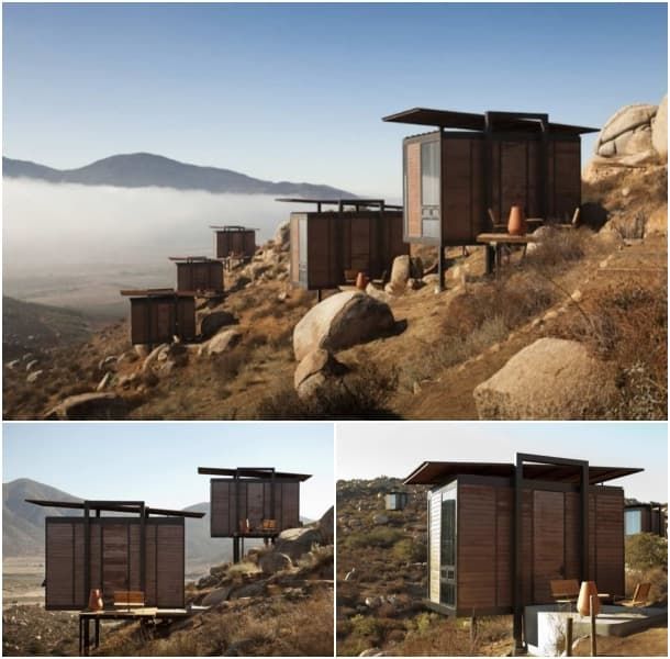 three different views of some sort of structure on the side of a hill with mountains in the background