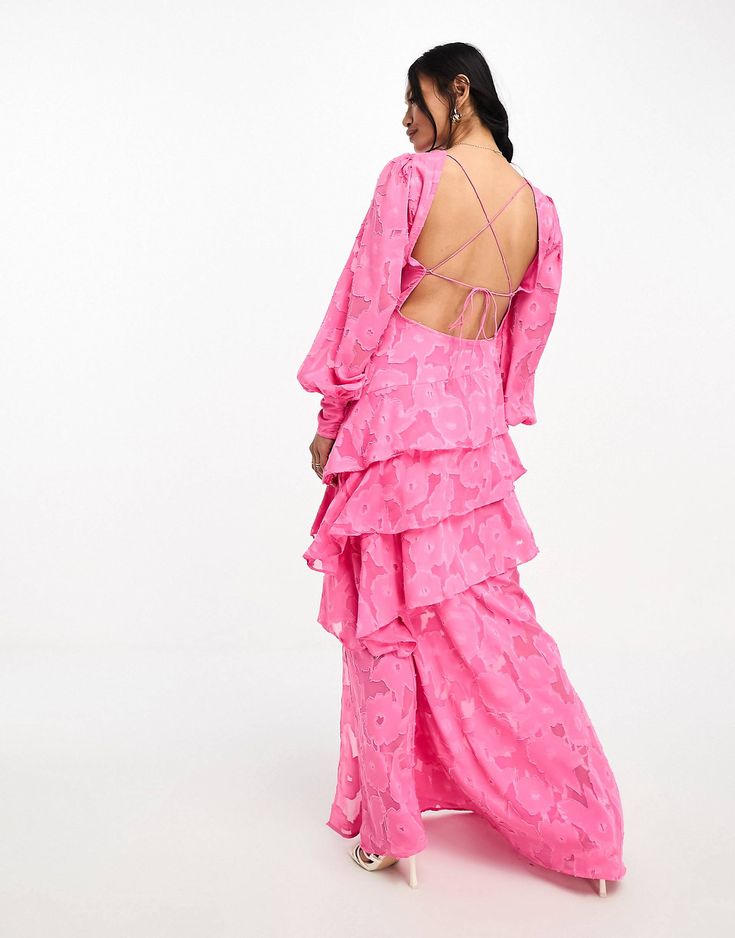 Pretty Lavish asymmetric ruffle jacquard maxi dress in pink | ASOS Pink Ruffled Maxi Gown, Ruffled Lace V-neck Maxi Dress, V-neck Ruffled Lace Maxi Dress, Luxury Pink Ruffle Maxi Dress, Pink V-neck Maxi Dress With Ruffles, Pink Fashion, Asos, Maxi Dress, Pink