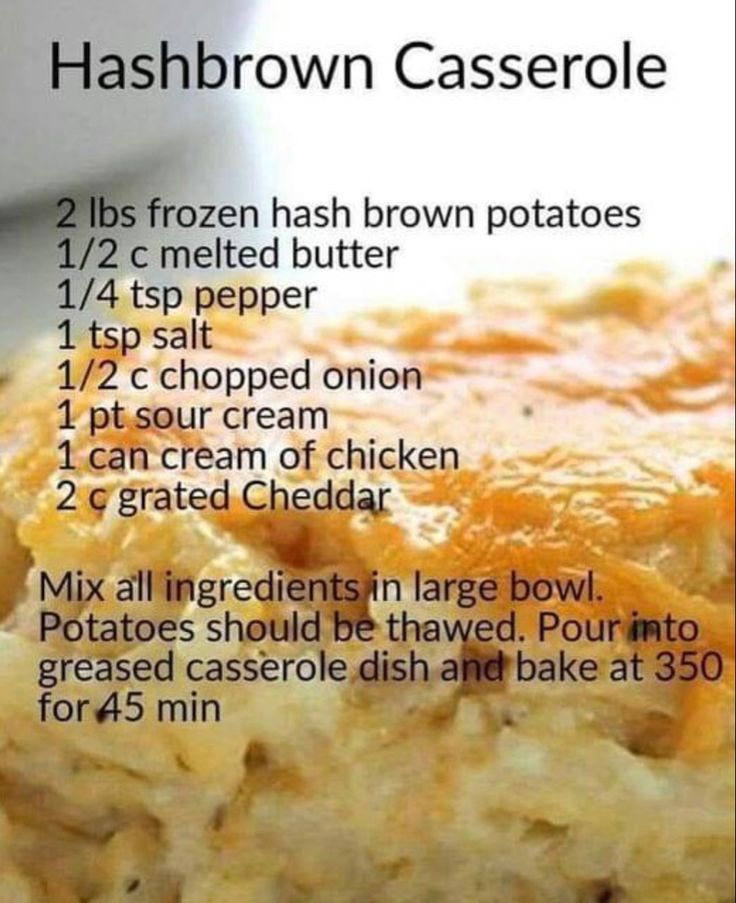 hashbrown casserole recipe with instructions on the side