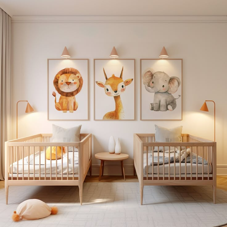 two children's beds in a white room with animal prints on the wall and floor