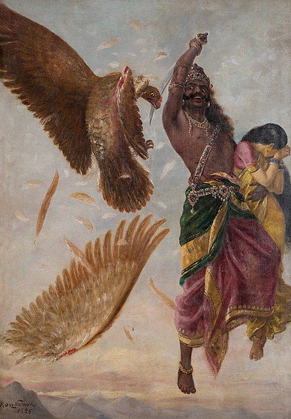 a painting of a man with an eagle on his arm and another bird in the air