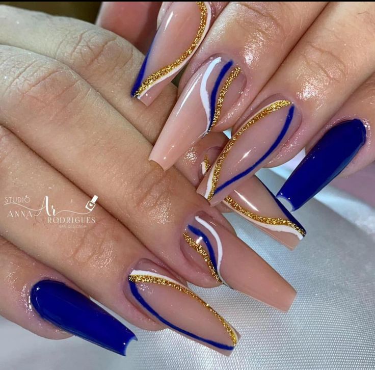 Blue Gold Nails, Acrylic Nails Nude, Sassy Nails, Blue Acrylic Nails, Fancy Nails Designs, Stylish Nails Designs, Short Square Acrylic Nails, Long Acrylic Nails Coffin, Short Acrylic Nails Designs