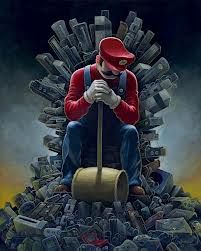 a painting of a man sitting on top of a giant iron throne filled with money