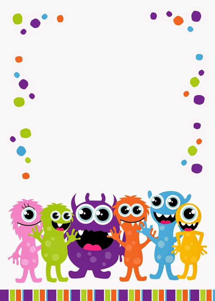 a group of cartoon monsters standing in front of a white background with confetti