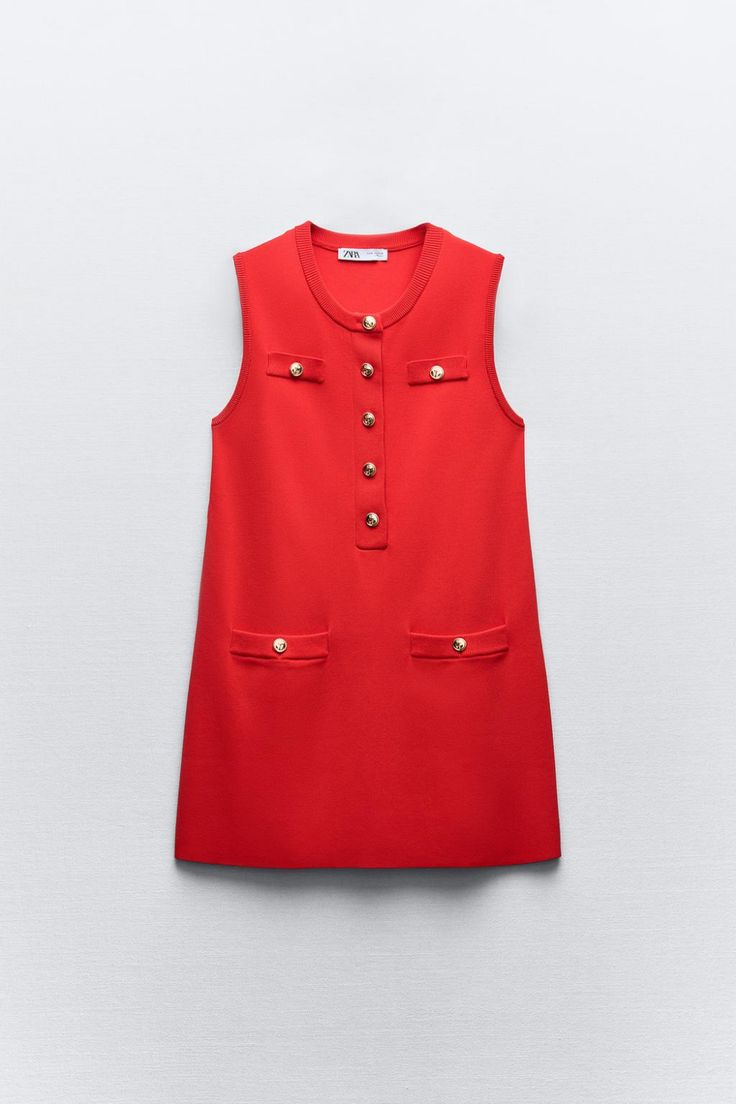 SHORT PLAIN KNIT DRESS - Red | ZARA United States Zara Sleeveless Workwear Dress, Zara Sleeveless Dress For Work, Chic Mini Dress With Buttoned Pockets, Elegant Sleeveless Mini Dress With Pockets, Zara Workwear Dress With Pockets, Sleeveless Summer Dresses With Buttoned Pockets, Zara Sleeveless Midi Dress For Work, Red Sleeveless Dress With Pockets, Red Sleeveless Dress With Buttons