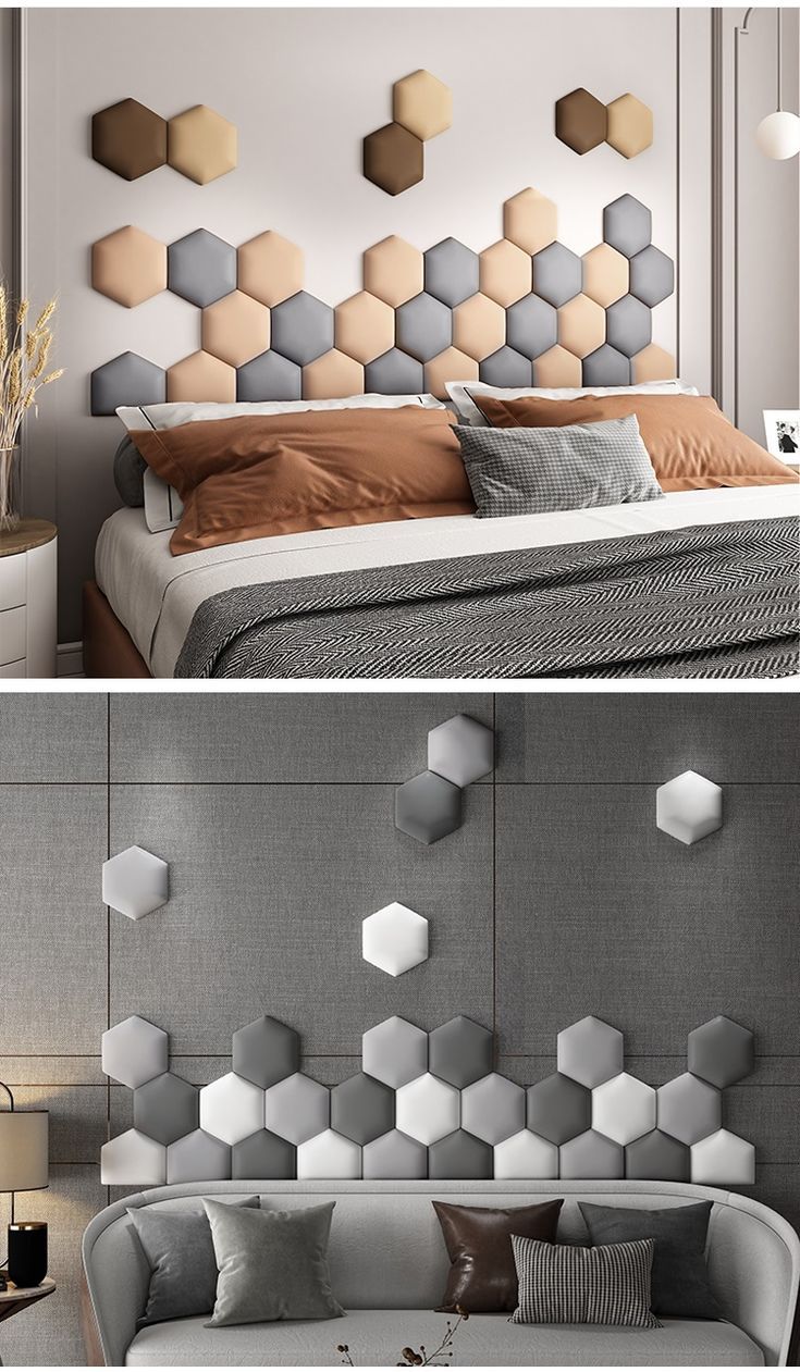 two photos side by side one has a bed and the other has a headboard made out of hexagonal tiles