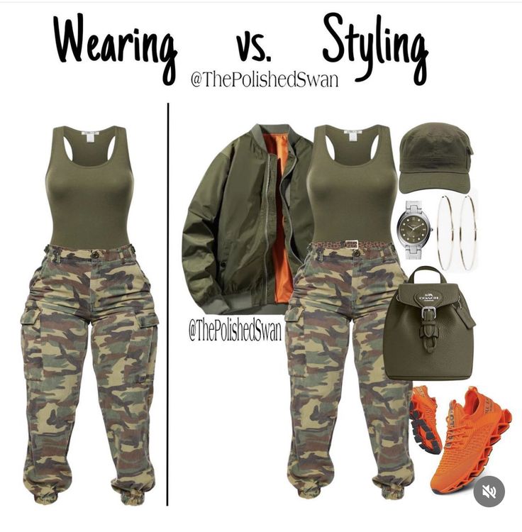 Chicago Outfit Ideas Spring, Camo And Orange Outfit, Camoflauge Outfits Black Women, Wearing Vs Styling Clothes, Camouflage Shirt Outfit, Wearing Vs Styling, Wearing Vs Styling Outfits, Camouflage Fashion, Plus Size Baddie Outfits