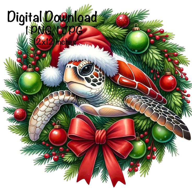 a christmas wreath with a turtle wearing a santa hat