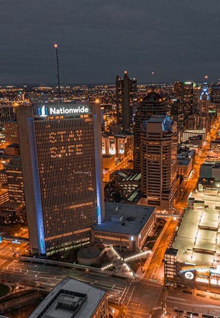 an aerial view of the city at night