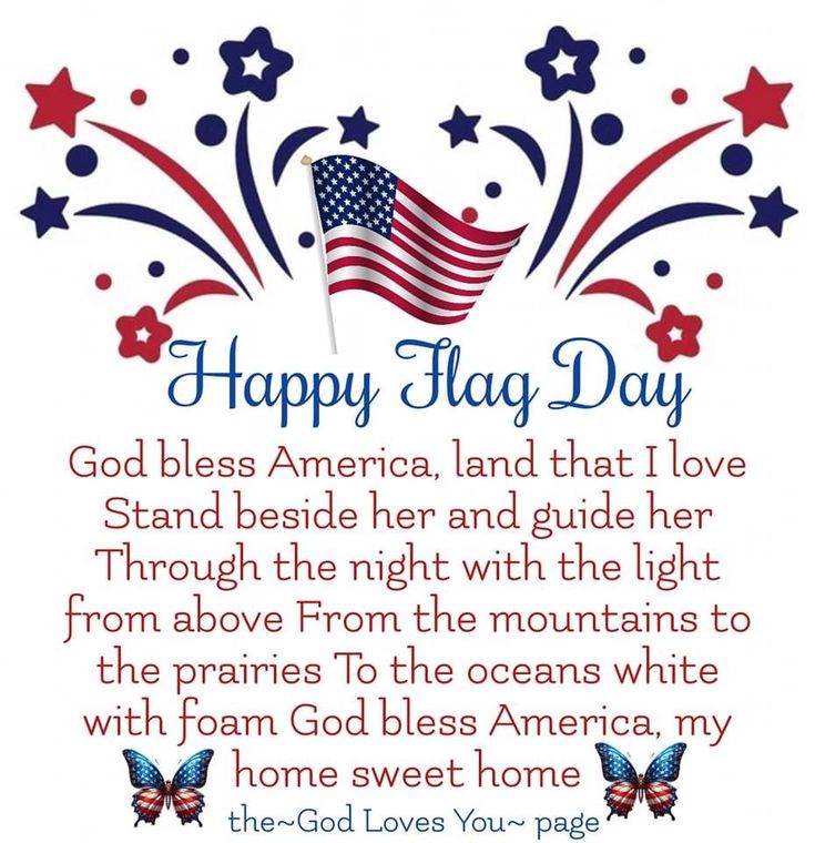 an american flag day card with the words, god bless america land that i love stand beside her and guide her through the night