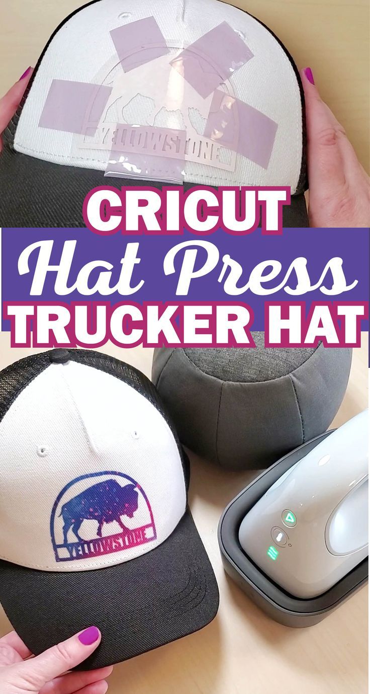 two hats with the words cricut hat press trucker hat next to it