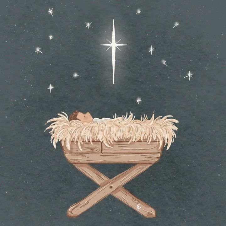 a nativity scene with a baby jesus in the manger, surrounded by stars