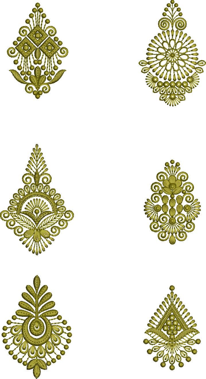 four different designs are shown in gold on a white background, each with an intricate design