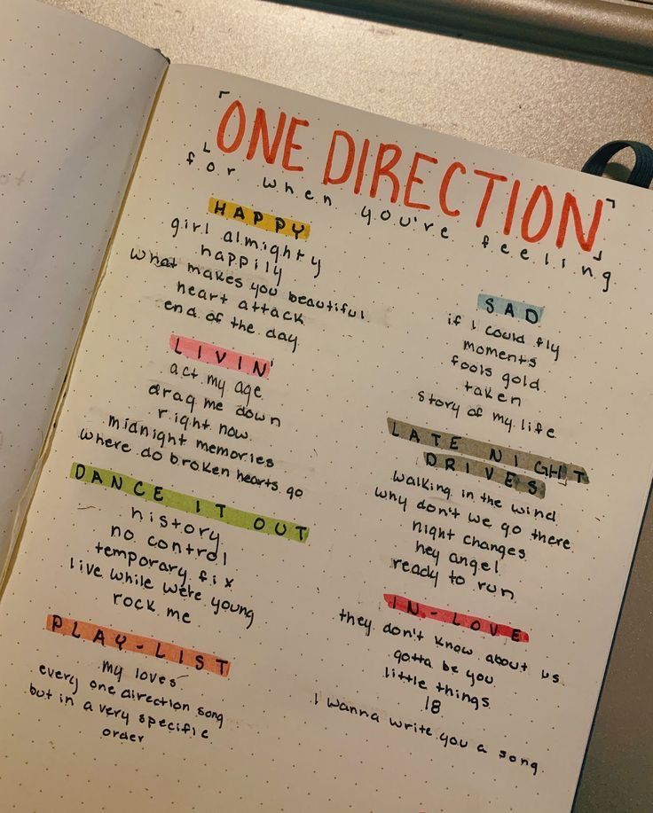 an open notebook with writing on it and the words one direction written in different languages