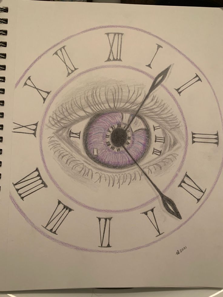 a drawing of an eye with roman numerals on the face and clock hands