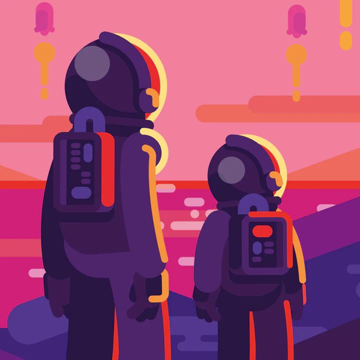 two people in space suits standing next to each other, looking out at the horizon