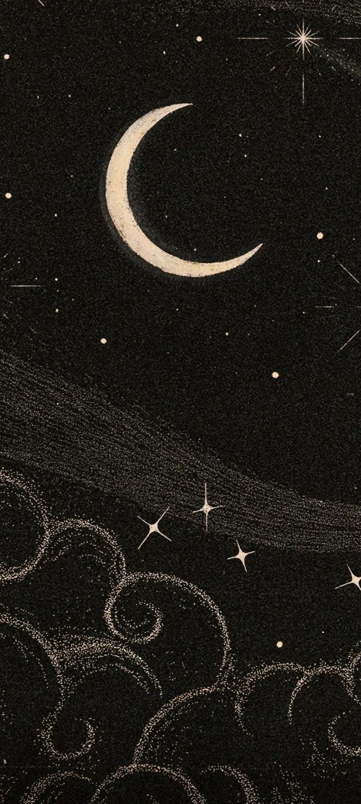 the night sky has stars and a crescent on it, as if in chalk drawing