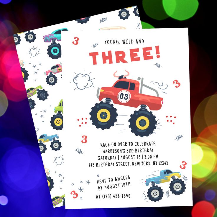 a red monster truck birthday party card with the words, you're wild and three on it