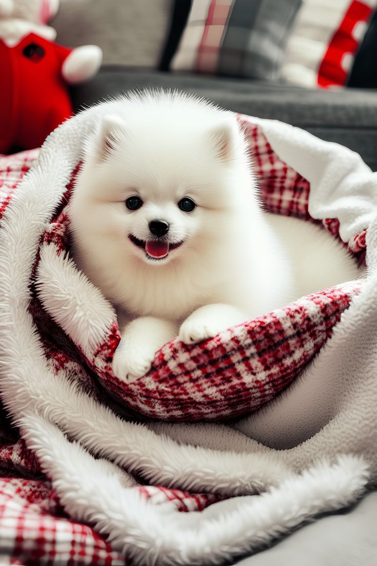 a small white dog sitting on top of a bed covered in a red and white blanket