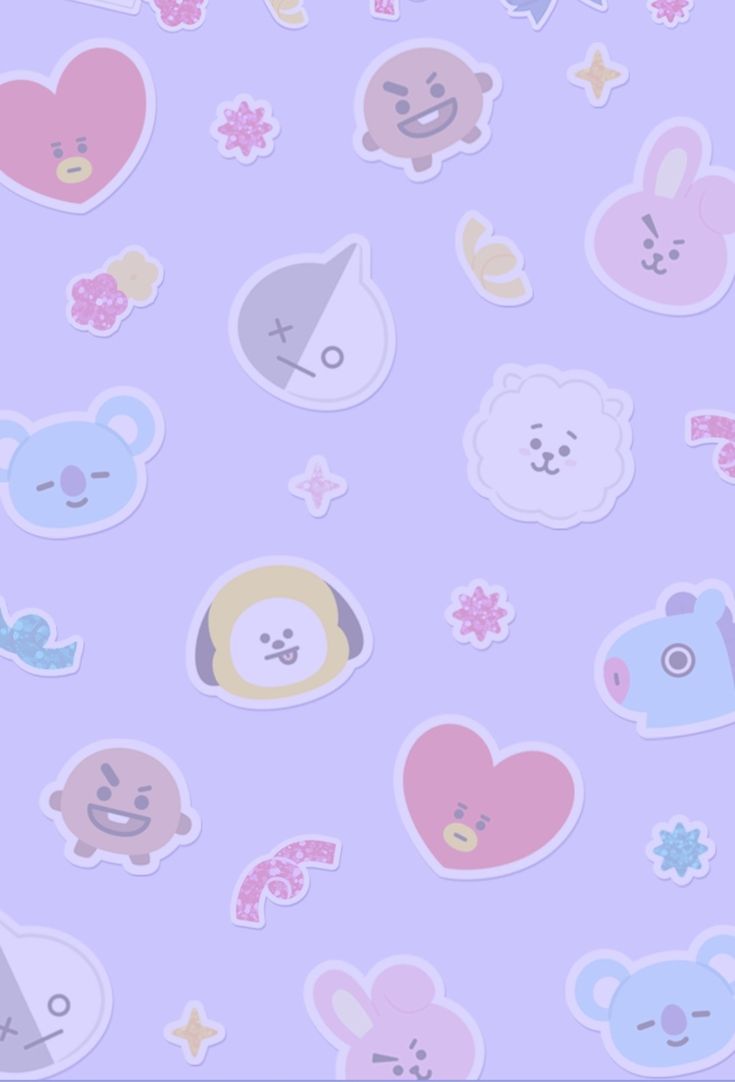 many stickers are arranged on a purple background with hearts, bears and other animals