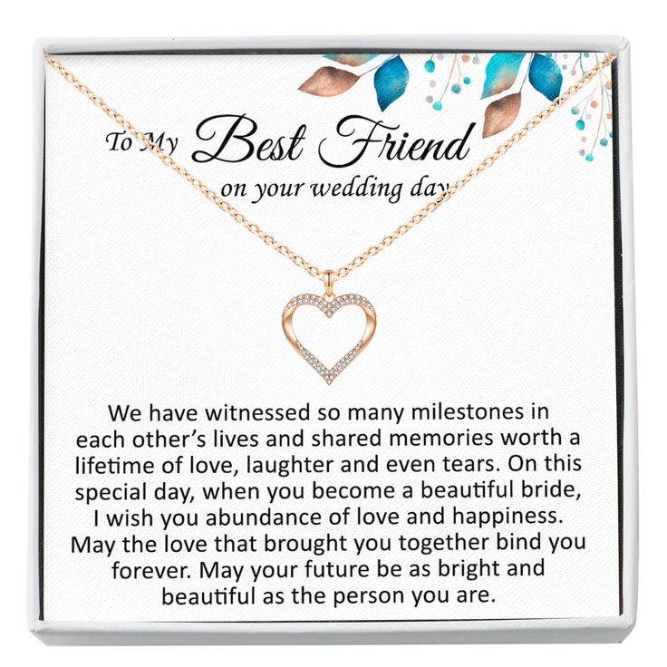 a necklace with the words best friend on it and a heart shaped pendant in gold