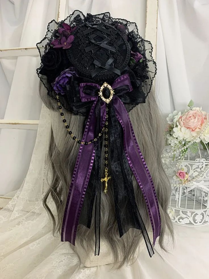 Floral Lace Trim Black and Purple Mini Hat Curved Brim Mini Hats For Costume Party, Dark Purple Accessories, Victorian Gloves, Magical Girl Outfit, Purple Goth, Purple Gothic, Victorian Accessories, Purple Cross, Flat Hat