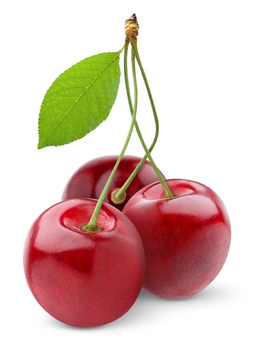 three cherries with green leaves hanging from them