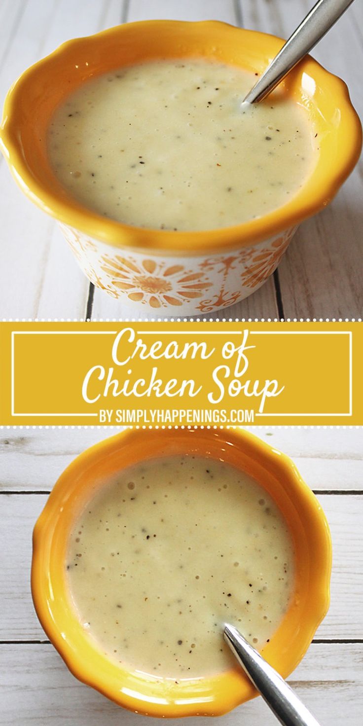 two bowls filled with cream of chicken soup