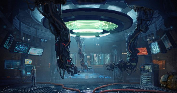 a sci - fi space station with lots of lights and equipment in the center, surrounded by monitors