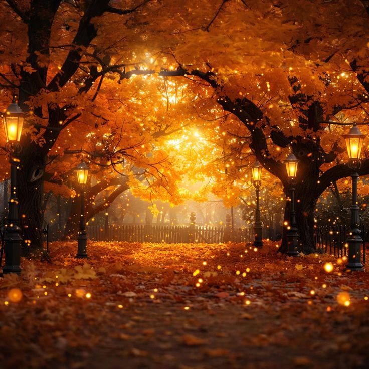 an autumn scene with lights in the trees