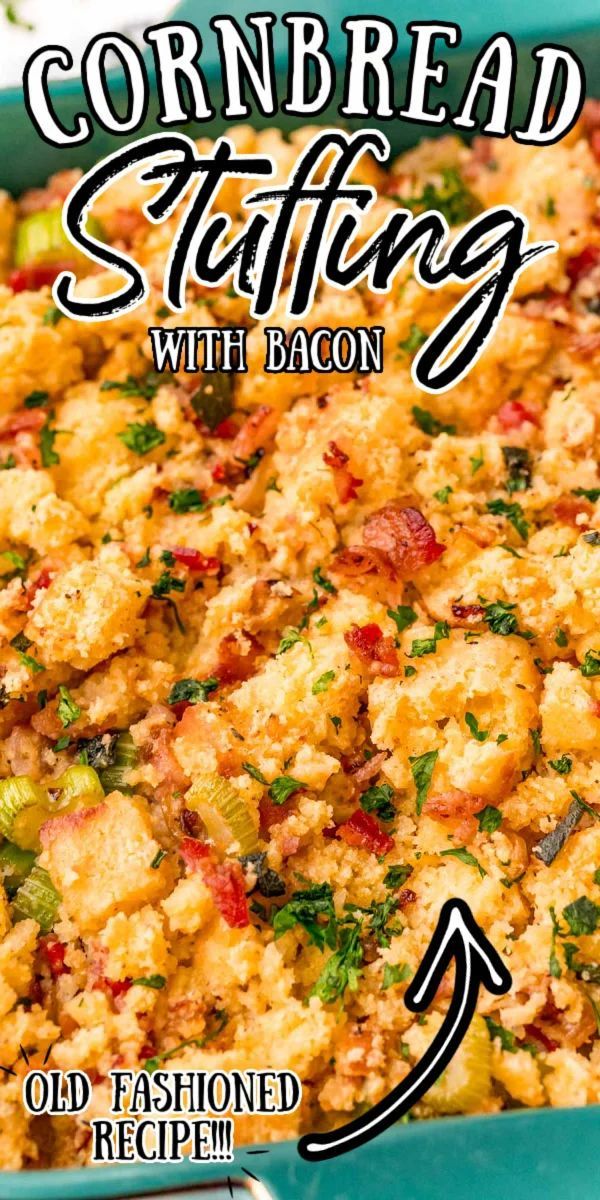 cornbread stuffing with bacon in a blue casserole dish