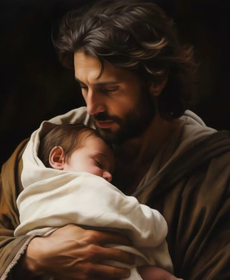 a painting of jesus holding a baby in his arms