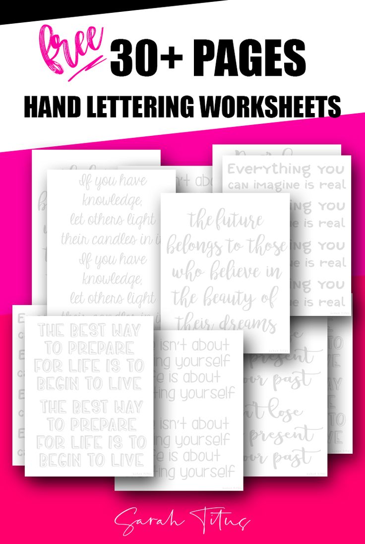 hand lettering worksheets for the 30 page book, with pink and white background