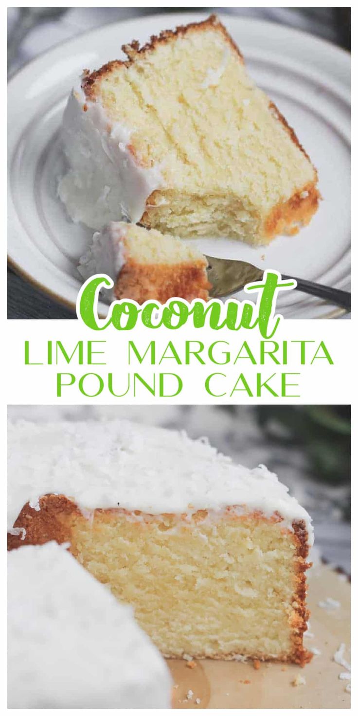 two pictures showing the inside of a cake with coconut and lime margarita on top