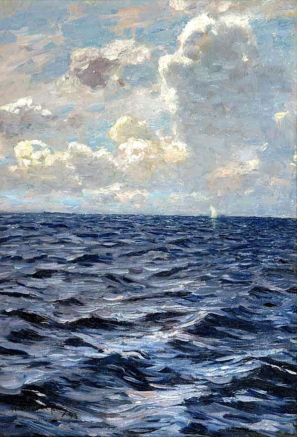 an oil painting of the ocean with clouds