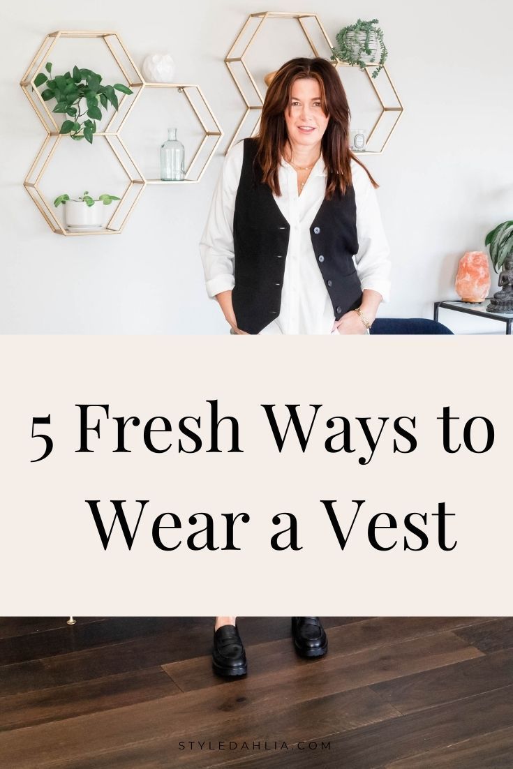 How to wear the hot trend a menswear vest #styledahlia #falltrends #fallfashion #over50style #styleover50 #vest #waistcoat Feminine Vest Outfit, Womens Suit Vest Outfit Casual, Vest With White Shirt Outfit, Black Denim Waistcoat Outfit, Vest 2023 Trend, How To Style A Leather Vest, 2023 Vest Outfit, Womens Black Vest Outfit, Black Vest Work Outfit